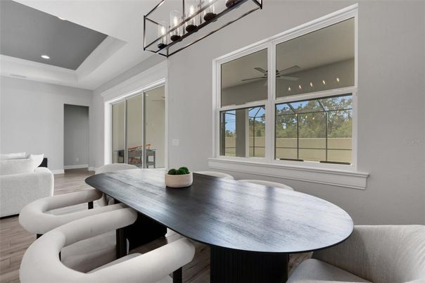 Dining room, Interior, Pendant Lights, Recessed Lighting, Wood Texture Flooring