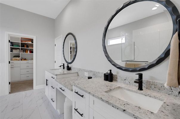 Bathroom, Dual Sink Vanities, Interior, Marble, Recessed Lighting