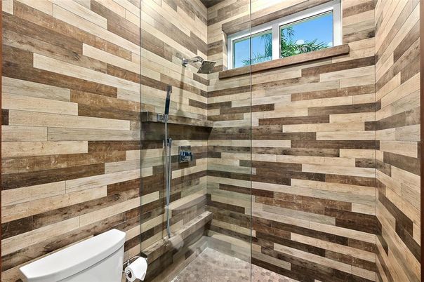 Bathroom, Glass Shower, Interior, Wooden Walls