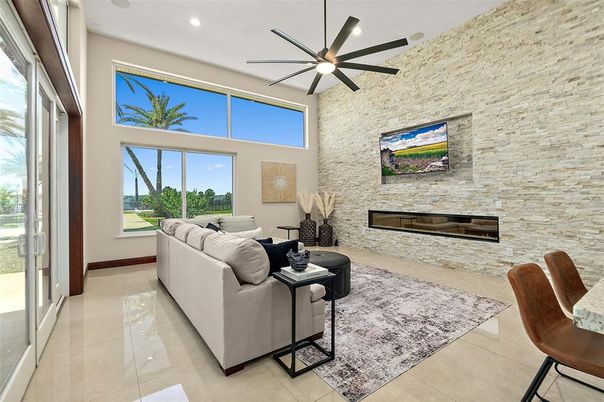 Fireplace, Interior, Living room, Recessed Lighting, Stone Walls