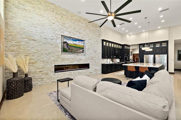 Fireplace, Interior, Kitchen, Living room, Pendant Lights, Recessed Lighting, Stone Walls