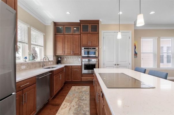 Interior, Kitchen, Pendant Lights, Recessed Lighting, Stainless Steel Appliances, Wood Texture Flooring