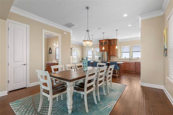 Dining room, Interior, Kitchen, Pendant Lights, Recessed Lighting, Wood Texture Flooring