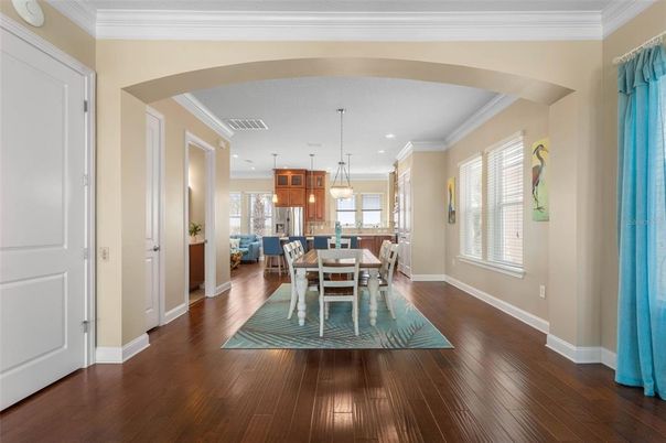 Dining room, Interior, Kitchen, Pendant Lights, Recessed Lighting, Wood Texture Flooring