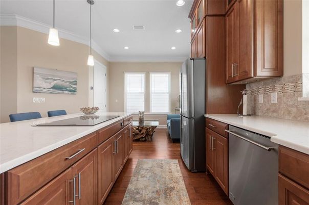 Interior, Kitchen, Pendant Lights, Recessed Lighting, Stainless Steel Appliances, Wood Texture Flooring