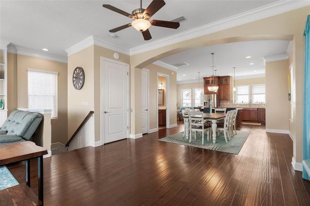Dining room, Interior, Kitchen, Pendant Lights, Recessed Lighting, Wood Texture Flooring