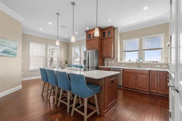 Interior, Kitchen, Pendant Lights, Recessed Lighting, Stainless Steel Appliances, Wood Texture Flooring