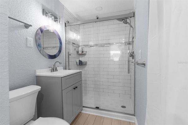 Bathroom, Glass Shower, Interior, Wood Texture Flooring