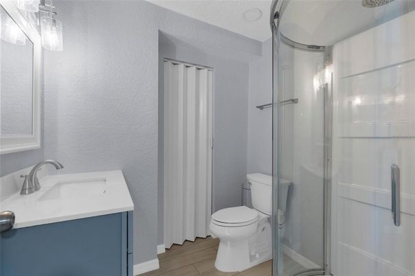 Bathroom, Glass Shower, Interior, Wood Texture Flooring