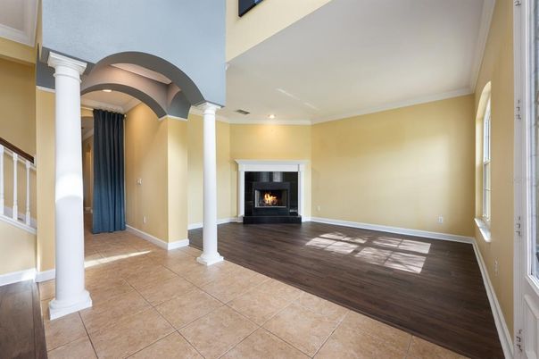Empty room, Fireplace, Interior, Recessed Lighting, Wood Texture Flooring