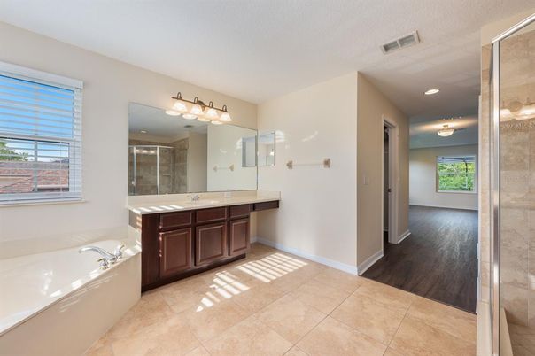 Bathroom, Glass Shower, Interior, Recessed Lighting, Wood Texture Flooring