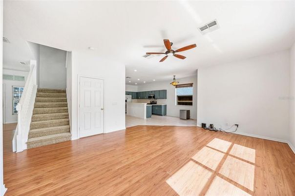 Empty room, Interior, Kitchen, Recessed Lighting, Wood Texture Flooring