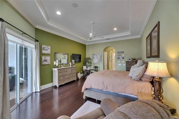 Bedroom, Interior, Recessed Lighting, Wood Texture Flooring
