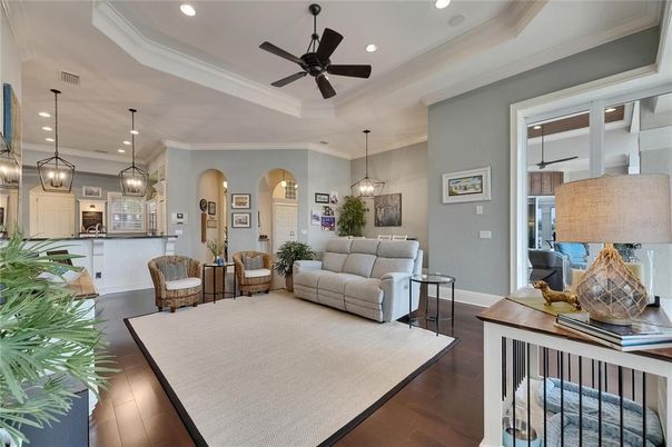 Interior, Kitchen, Living room, Pendant Lights, Recessed Lighting, Wood Texture Flooring