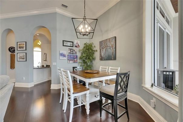 Dining room, Interior, Pendant Lights, Wood Texture Flooring