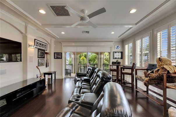 Home Theatre Room, Interior, Recessed Lighting, Wood Texture Flooring