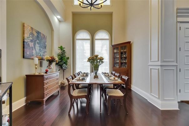 Chandelier, Dining room, Interior, Recessed Lighting, Wood Texture Flooring
