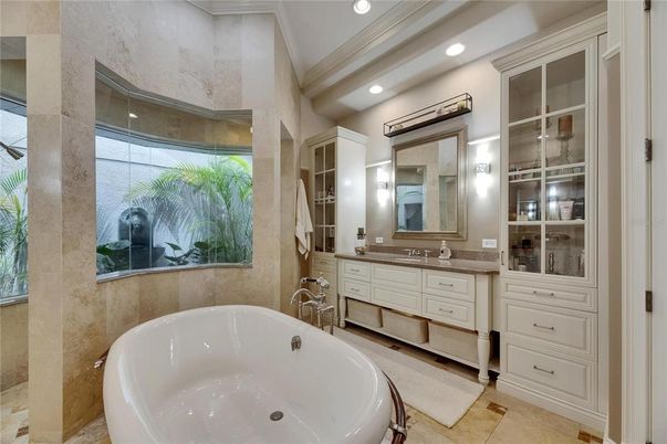 Bathroom, Dual Sink Vanities, Free Standing Baths, Interior, Recessed Lighting