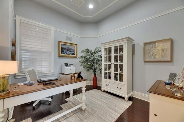 Home Office, Interior, Recessed Lighting, Wood Texture Flooring