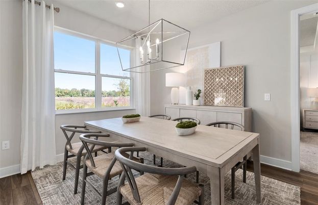 Dining room, Interior, Pendant Lights, Recessed Lighting, Wood Texture Flooring