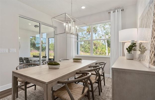 Dining room, Interior, Pendant Lights, Recessed Lighting, Wood Texture Flooring