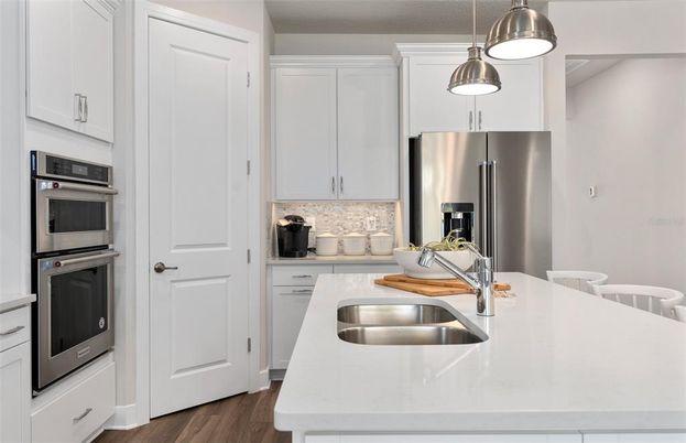 Interior, Kitchen, Pendant Lights, Stainless Steel Appliances, Wood Texture Flooring