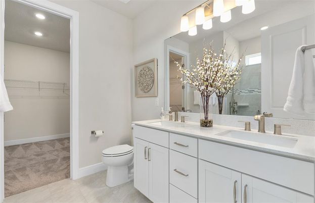 Bathroom, Dual Sink Vanities, Interior, Recessed Lighting, Walk-in Closets