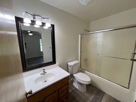 Bathroom, Glass Shower, Interior, Wood Texture Flooring