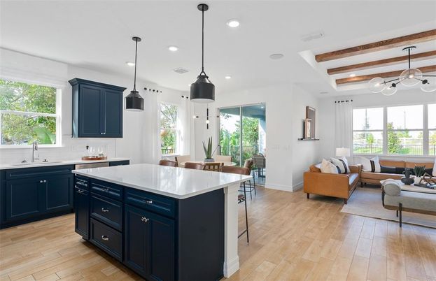 Dining room, Interior, Kitchen, Living room, Pendant Lights, Recessed Lighting, Wooden Beams, Wood Texture Flooring