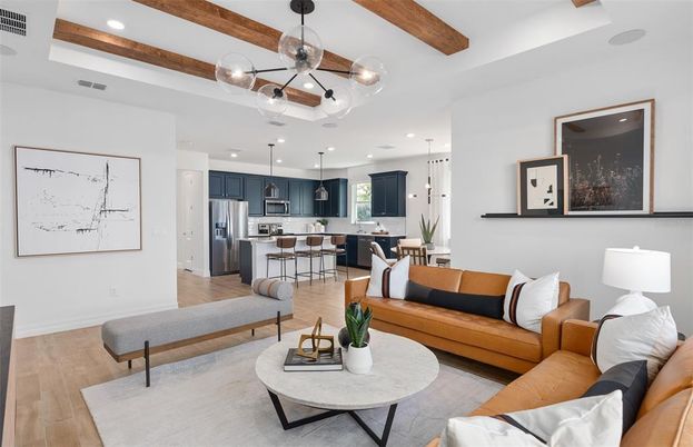 Dining room, Interior, Kitchen, Living room, Pendant Lights, Recessed Lighting, Stainless Steel Appliances, Wooden Beams, Wood Texture Flooring