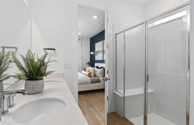 Bathroom, Bedroom, Glass Shower, Interior, Recessed Lighting, Wood Texture Flooring