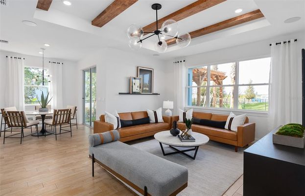 Dining room, Interior, Living room, Pendant Lights, Recessed Lighting, Wooden Beams, Wood Texture Flooring