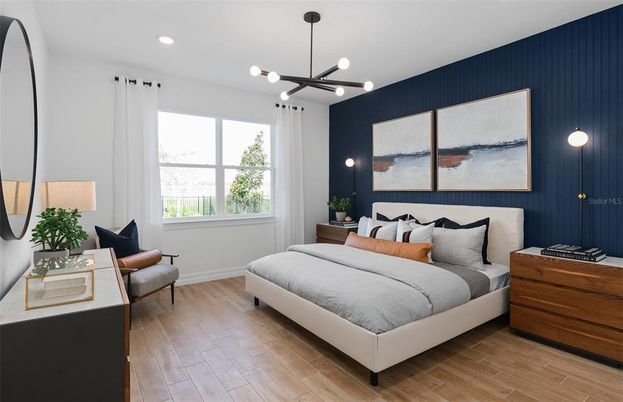 Bedroom, Interior, Pendant Lights, Recessed Lighting, Wood Texture Flooring