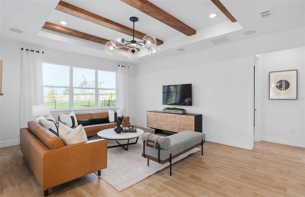 Interior, Living room, Pendant Lights, Recessed Lighting, Wooden Beams, Wood Texture Flooring