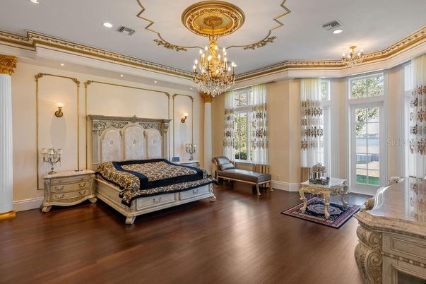 Bedroom, Chandelier, Interior, Recessed Lighting, Wood Texture Flooring