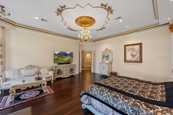 Bedroom, Chandelier, Interior, Recessed Lighting, Wood Texture Flooring