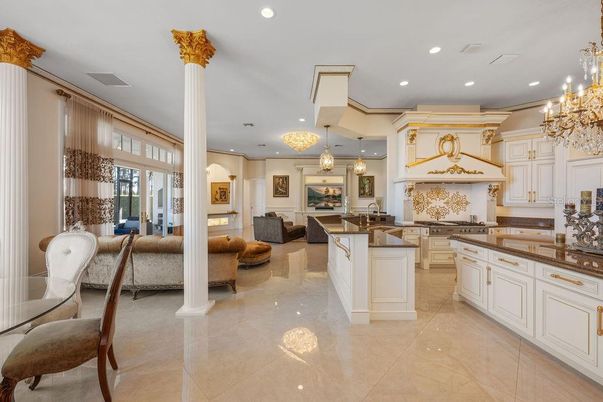 Chandelier, Dining room, Fireplace, Interior, Kitchen, Living room, Pendant Lights, Recessed Lighting