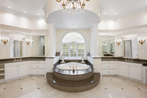 Bathroom, Chandelier, Dual Sink Vanities, Interior, Recessed Lighting