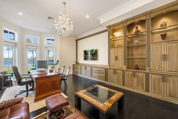 Chandelier, Home Office, Interior, Recessed Lighting, Wood Texture Flooring