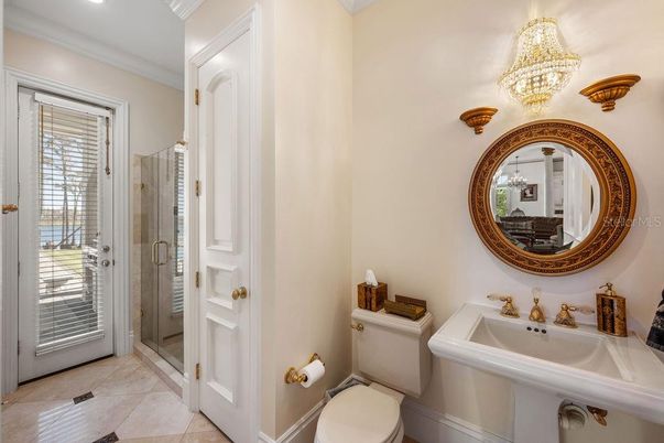 Bathroom, Chandelier, Glass Shower, Interior, Recessed Lighting