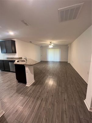 Empty room, Interior, Kitchen, Recessed Lighting, Wood Texture Flooring