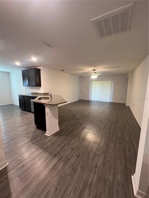 Empty room, Interior, Kitchen, Recessed Lighting, Wood Texture Flooring