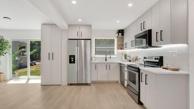 Interior, Kitchen, Recessed Lighting, Stainless Steel Appliances, Wood Texture Flooring