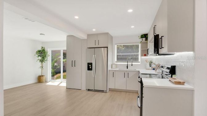 Interior, Kitchen, Recessed Lighting, Stainless Steel Appliances, Wood Texture Flooring