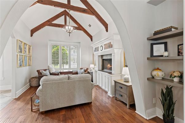 Chandelier, Fireplace, Interior, Living room, Wooden Beams, Wood Texture Flooring