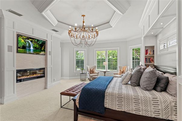 Bedroom, Chandelier, Fireplace, Interior, Living room