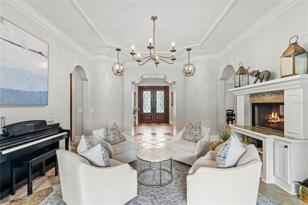 Chandelier, Fireplace, Interior, Living room, Pendant Lights, Piano
