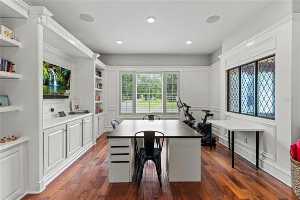 Fitness Equipment, Home Office, Interior, Recessed Lighting, Wood Texture Flooring