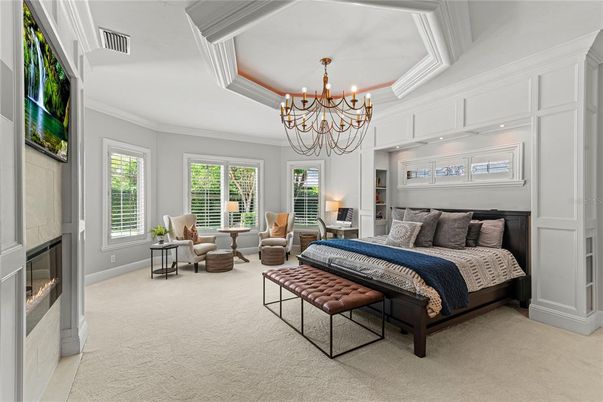 Bedroom, Chandelier, Fireplace, Interior