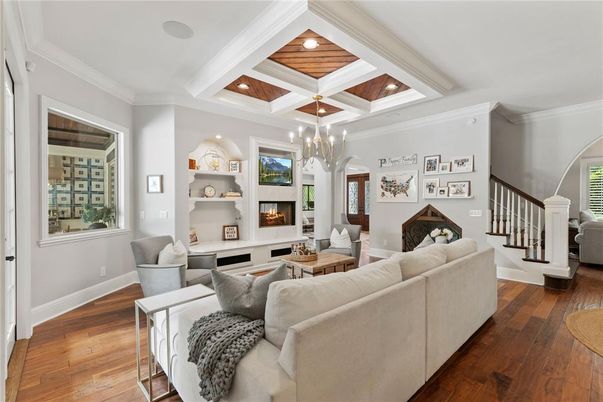 Fireplace, Interior, Living room, Pendant Lights, Recessed Lighting, Wood Texture Flooring